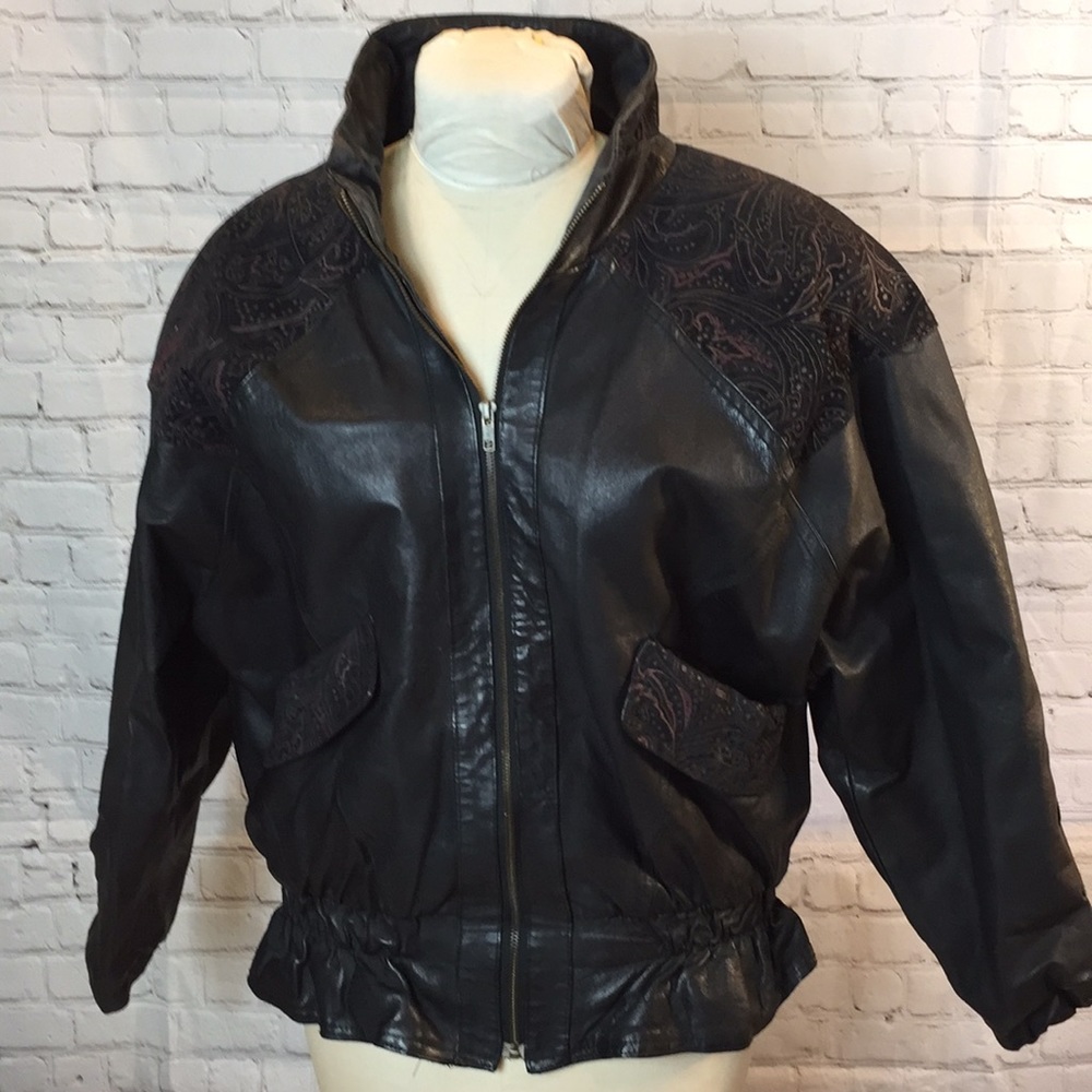 Laura Winston Black Leather Jacket Paisley Embossed Trim Medium